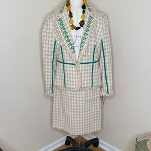 Chic vintage Plaid Blazer and Skirt Set with Green embroidery and fringes